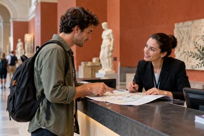 Látogató információt kér egy múzeum jegypénztáránál.